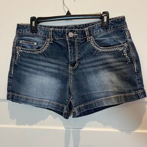 Maurices Embellished Denim Shorts Women's Size 11/12 Blue Stretch Cuffed Y2K